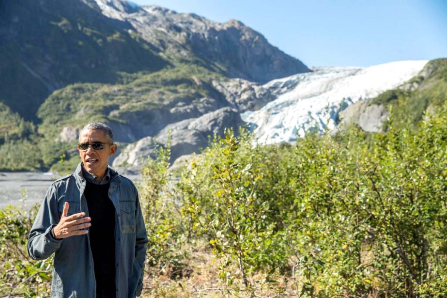 President Barack Obama speaks to members of the media while on a hike to the Exit Glacier in Seward, Alaska, on Tuesday, which according to National Park Service research, has receded approximately 1.25 miles over the past 200 years.
