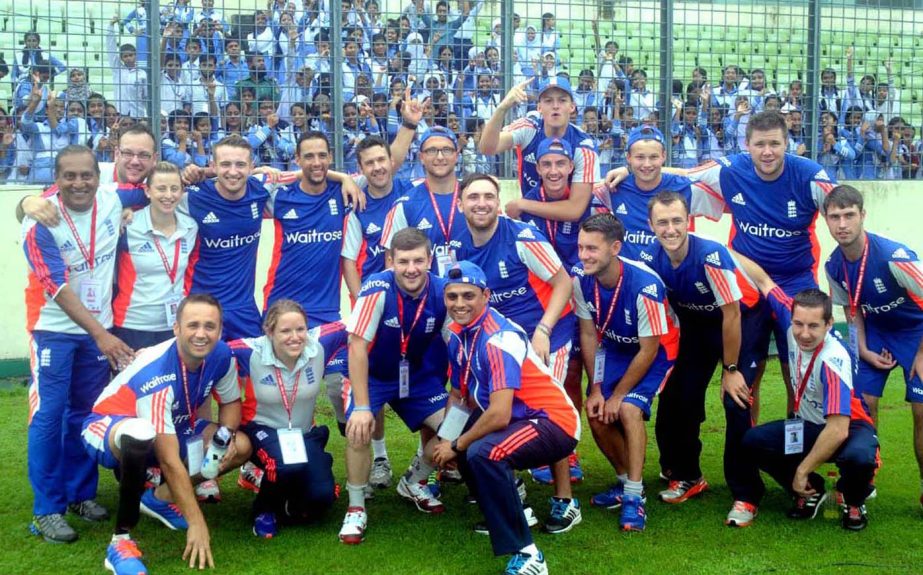 Members of England Cricket team pose for a photograph at the inaugural ceremony of the ICRP T20 Cricket Tournament for people with physical disabilities at the Sher-e-Bangla National Cricket Stadium in Mirpur on Wednesday.