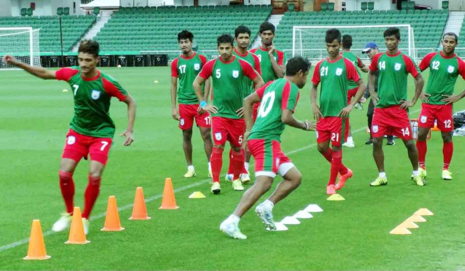 Players of Bangladesh National Football team during their practice session at the NIB Perth Stadium in Perth, Australia on Wednesday.