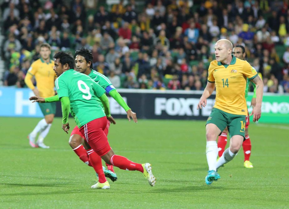 A moment of the FIFA World Cup Qualifiers match between Bangladesh and Australia at NIB Stadium in Perth, Australia on Thursday.