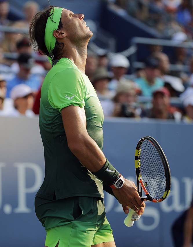 Rafael Nadal reacts after losing a point to Diego Schwartzman of Argentina during the second round of the US Open tennis tournament on Wednesday.