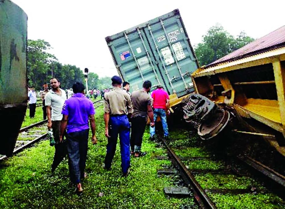 Dhaka-Ctg-Sylhet train service suspended for one and a half hours as five bogies of container train derailed at outer area off Akhaura Railway Station on Thursday.