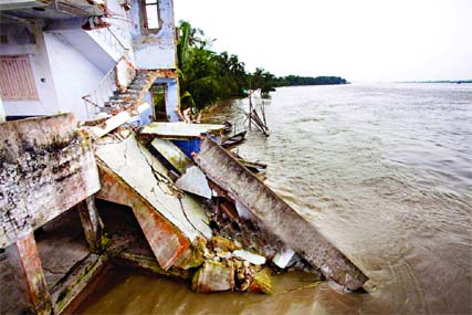 Kumarbhogh Union Parishad building at Munshiganj being devoured by the erosion of Padma. This photo was taken on Thursday.