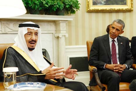 Saudi King Salman talks to the media during a meeting with US President Barack Obama in the Oval Office of the White House in Washington on Friday.