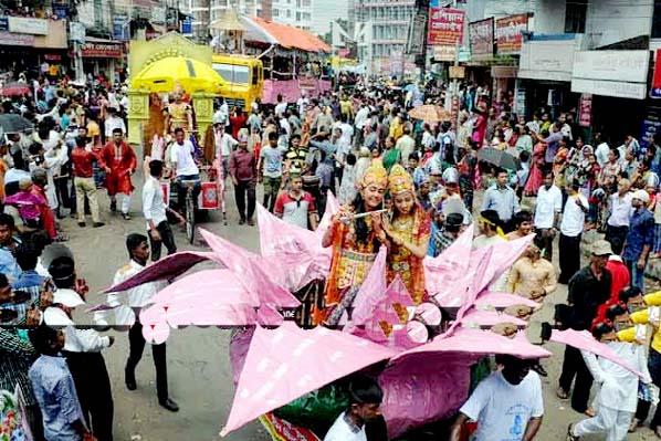 A view of the colourful procession in observance of Janmastami of the Hindu community in the Port City brought out from JM Sen Hall premises yesterday morning.