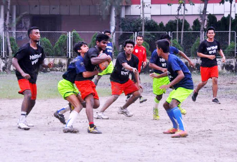An action from the match of the Eastern University Inter-College Rugby Competition at the Paltan Maidan on Saturday.