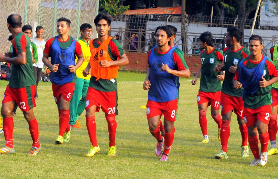 Members of Bangladesh National Football team during their practice session at the Sheikh Jamal Dhanmondi Club Limited Ground on Saturday.