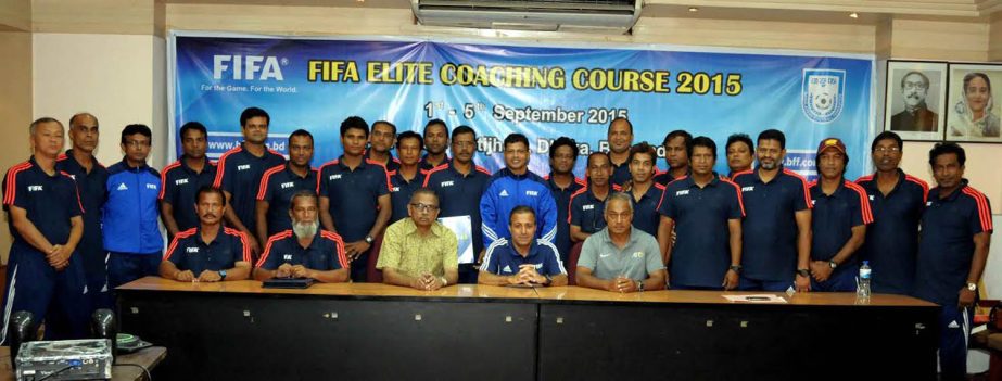 The participants of the FIFA Elite Coaches Course with the instructors and officials of Bangladesh Football Federation (BFF) pose for a photo session at the BFF House on Saturday.