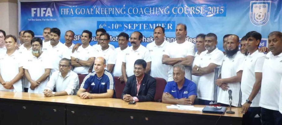 The participants of the FIFA Elite Goalkeeping Coaching Course with the instructor and the officials of BFF pose for a photograph at the BFF House on Sunday.