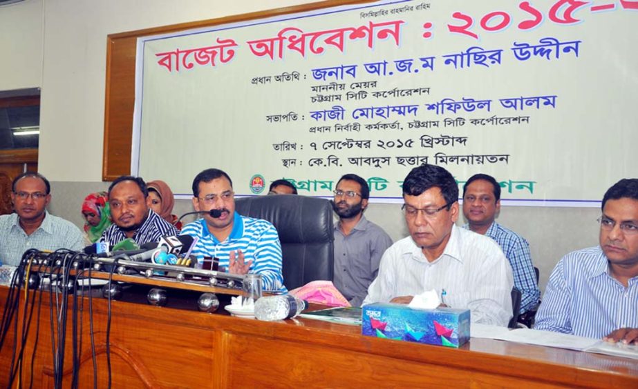 CCC Mayor AJM Nasir Uddin announcing annual budget for 2015-16 fiscal at CCC KB Abdus Sattar Auditorium yesterday afternoon.