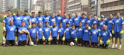 Photo shows the participants of FIFA Elite M A Gk Coaching Course 2015 at BFF Artificial Turf, Dhaka on Monday.