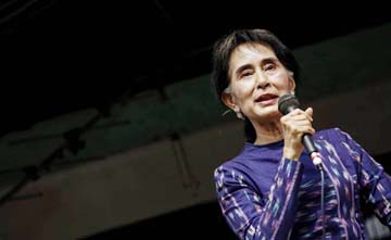 Myanmar opposition leader Nobel Laureate Aung San Suu Kyi speaking at a party rally in Yangon.