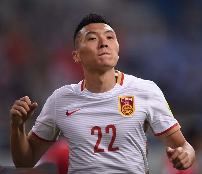 Chinese player Yu Dabao celebrates his goal at the 2018 World Cup Asian qualifier in Shengyang, northeast China's Liaoning Province on Tuesday.