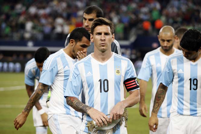 Argentina's Lionel Messi, center, stands before a friendly soccer match between Argentina and Mexico at the AT&T Stadium in Arlington, Texas on Tuesday.