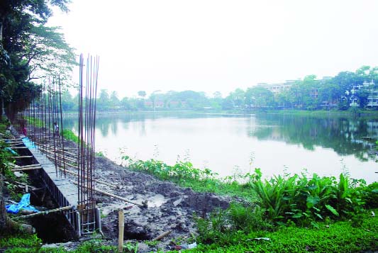 BARISAL: Construction of food godown going on filling largest pond in Barisal city adjacent to mass killing ground of Liberation War.