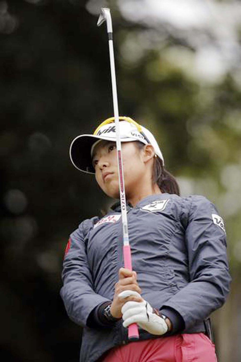 Mi Hyang Lee of South Korea studies the second hole during the second round of the Evian Championship women's golf tournament in Evian, eastern France on Friday.