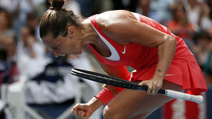 Roberta Vinci of Italy reacts after winning a set against Serena Williams during a semifinal match at the U.S. Open tennis tournament in New York on Friday.