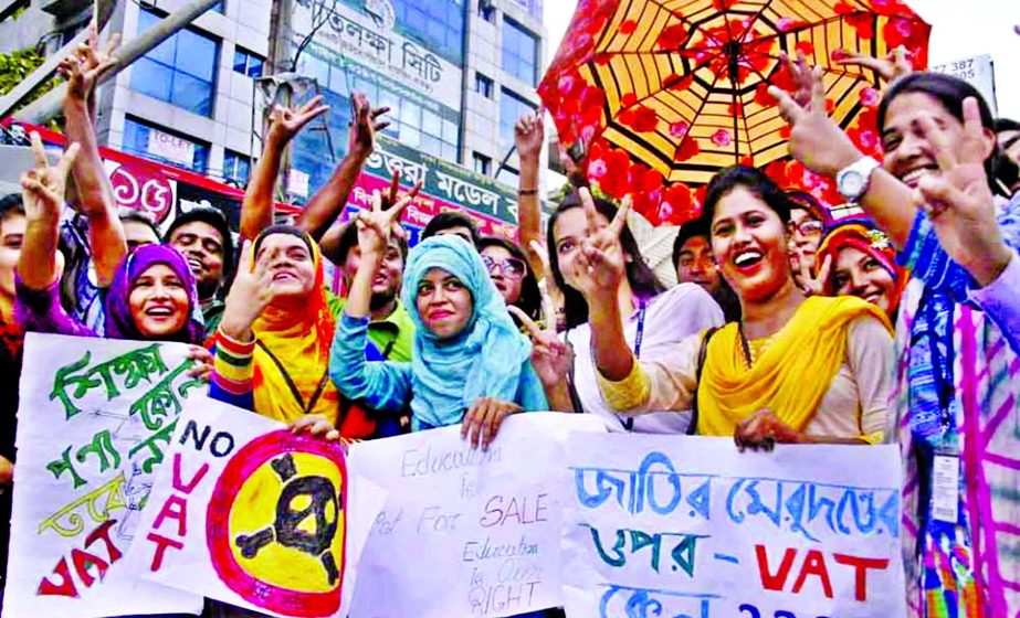 Female students of private varsity at Uttara rejoicing as Govt finally withdrew VAT on their tuition fees on Monday.