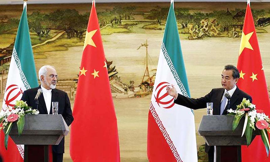 Iranian foreign minister Mohammad Jabed Zarif (L) and Chinese foreign minister Wang Yi Â® attend a news conference after a bilateral meeting in Beijing.