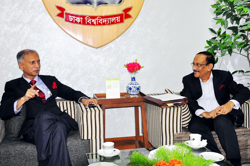 Dhaka University Vice-Chancellor Prof Dr AAMS Arefin Siddique is seen discussing with Foreign Secretary Md. Shahidul Haque on Monday at DU Office.