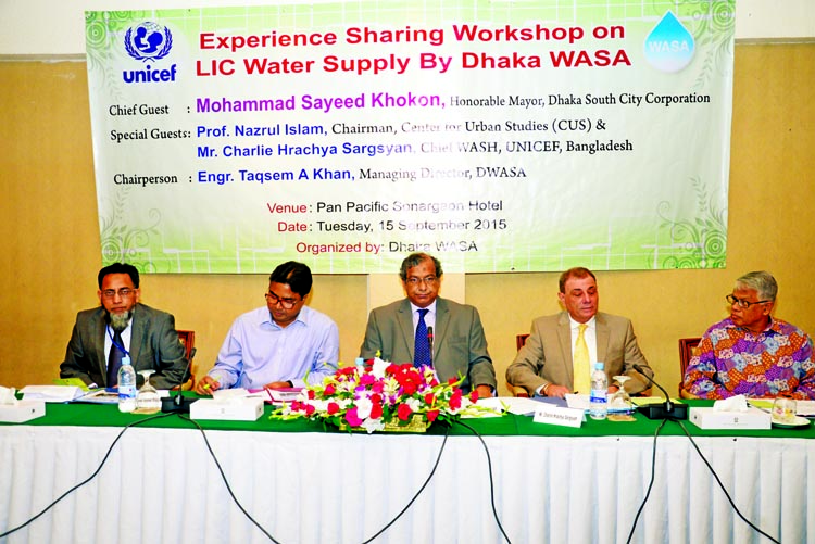Mayor of Dhaka South City Corporation Mohammad Sayeed Khokon and Managing Director of Dhaka Water Supply and Sewerage Authority (DWASA) Taqsem A Khan along with other distinguished persons at an experience sharing meeting on water supply organized by DWAS