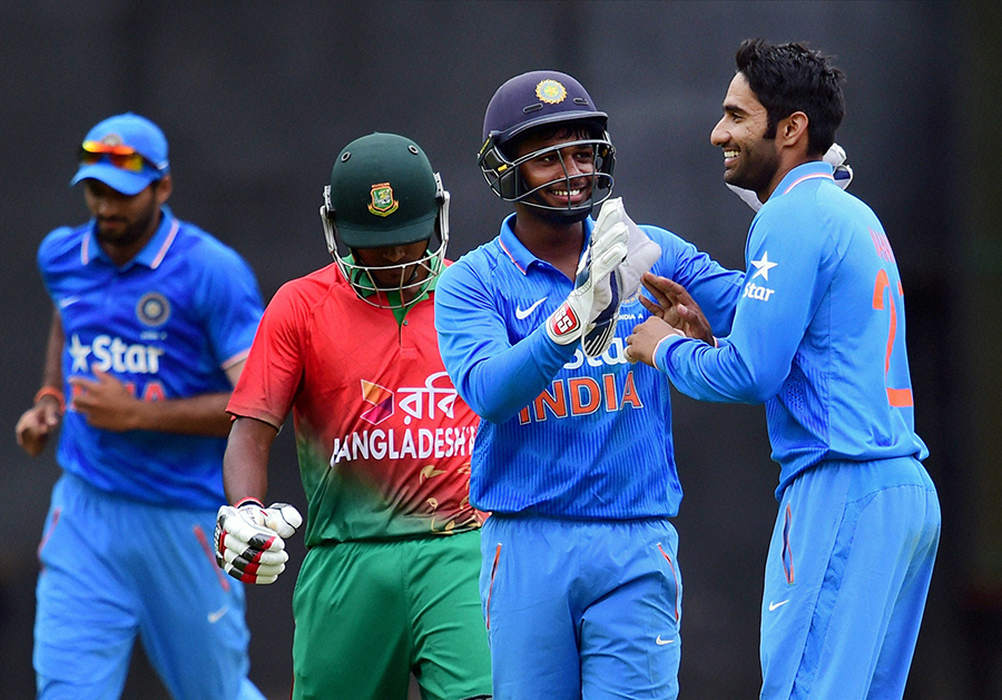 Gurkeerat Singh celebrates a wicket in 1st unofficial ODI between India A and Bangladesh A at Bangalore on Wednesday.