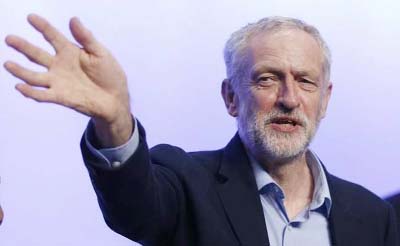 The new leader of Britain's opposition Labour Party Jeremy Corbyn addressing a party meeting in Brighton in southern England.