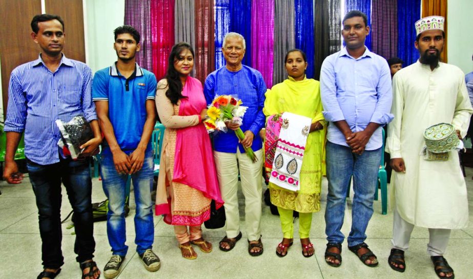 The investments into six Nobin Udyokta businesses were announced today at the 116th Social Business Design Lab. The six young entrepreneurs, who are children of Grameen Bank borrowers, are seen in the photo with Nobel Laureate Professor Muhammad Yunus.