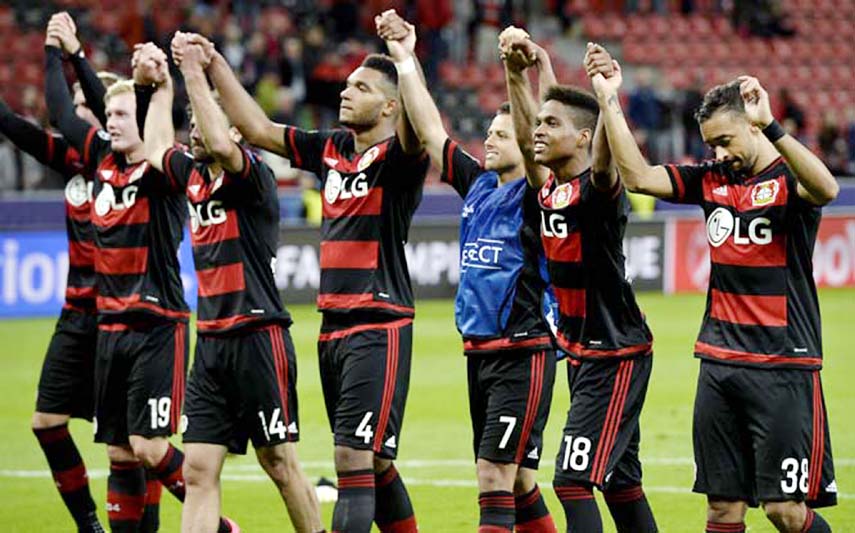 Leverkusen's players celebrate after the Champions League group E soccer match between Bayer Leverkusen and FC Bate Borisov in Leverkusen, Germany on Wednesday. Leverkusen defeated BATE by 4-1.