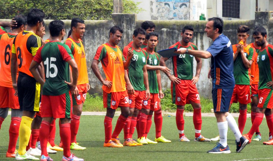 Players of Bangladesh National Football team took part at a practice session at BFF Artificial Turf under New Coach Fabio Lopez on Thursday.