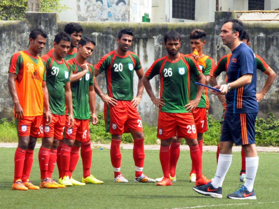 Players of Bangladesh National Football team took part at a practice session at BFF Artificial Turf under New Coach Fabio Lopez on Thursday.