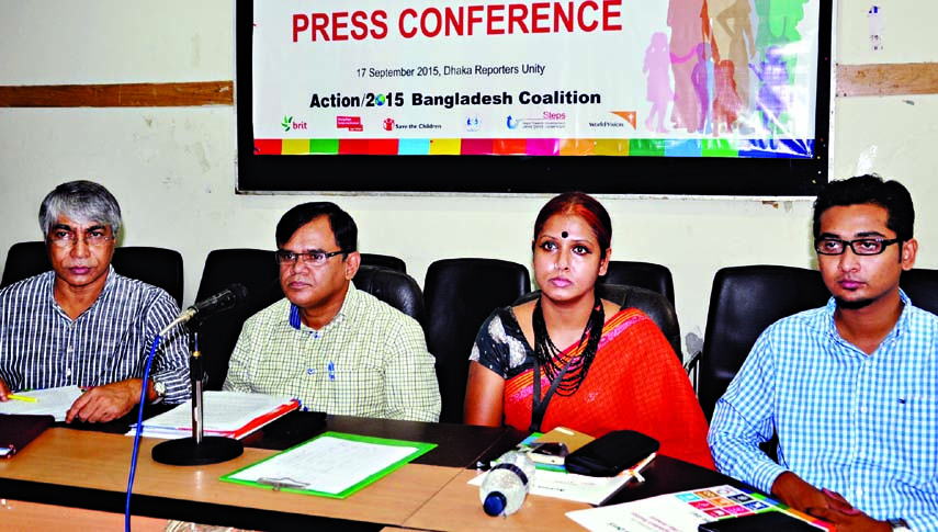 Advocacy Director of World Vision, Bangladesh Chandon Z Gomes along with other distinguished persons at the press conference on 'Expectation and recommendations of civil society in implementing Sustainable Development Goals organized by Action-2015 Bangl