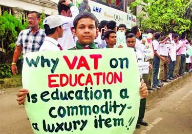 Why VAT on Education. Is Education a commodityâ€¦.: Students, alongwith guardians and teachers of English-medium schools formed a human chain on SaatMasjid Road at Dhanmondi on Thursday demanding withdrawal of VAT on tuition fees of English-medium sch