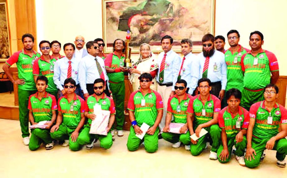 Prime Minister Sheikh Hasina accords a reception to Bangladesh National Blind Cricket team at the Prime Minister's Office Ganabhaban on Friday. Bangladesh National Blind Cricket team became joint-champions in the Tri-Bengal Solidarity International Twent