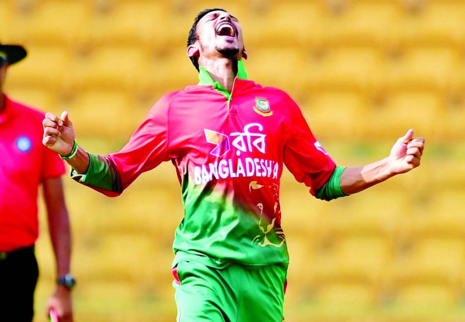 Nasir Hossain celebrates after taking a wicket of India A team during the second one-dayer between Bangladesh A team and India A team at M Chinnaswamy Stadium in Bangalore on Friday.