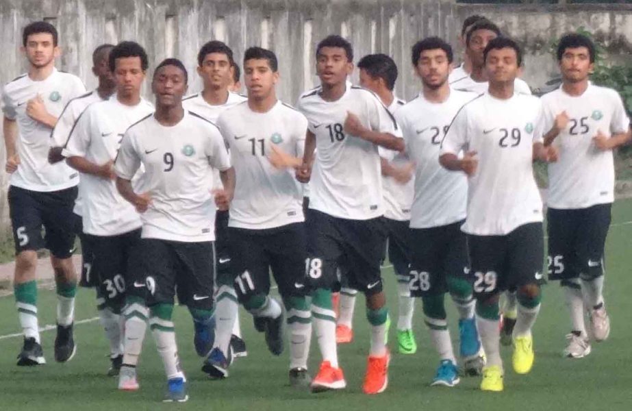 Players of Saudi Arabia Under-16 National Football team taking part at the practice session at the BFF Artificial Turf on Saturday.