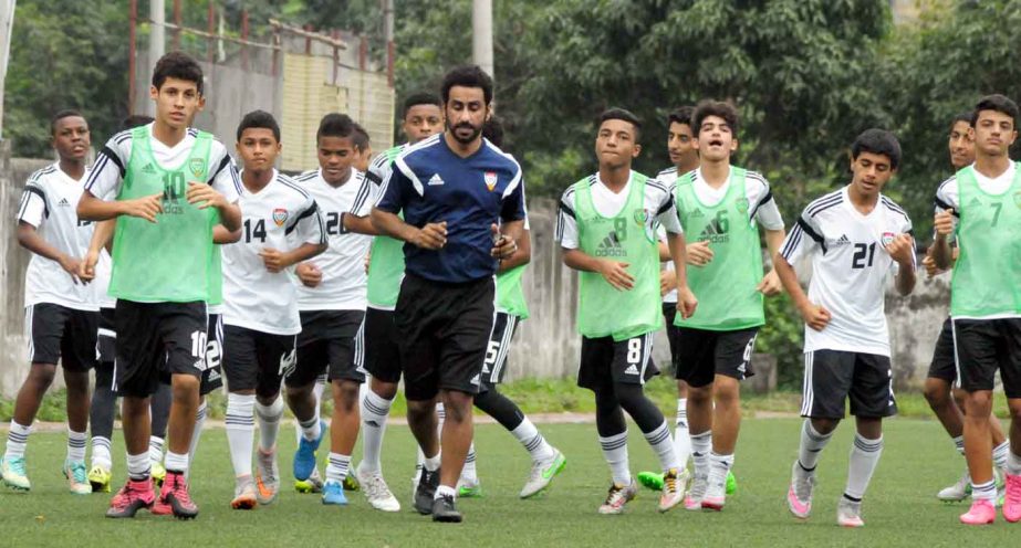 Members of United Arab Emirates Under-16 National Football team during their practice session at the BFF Artificial Turf on Saturday.