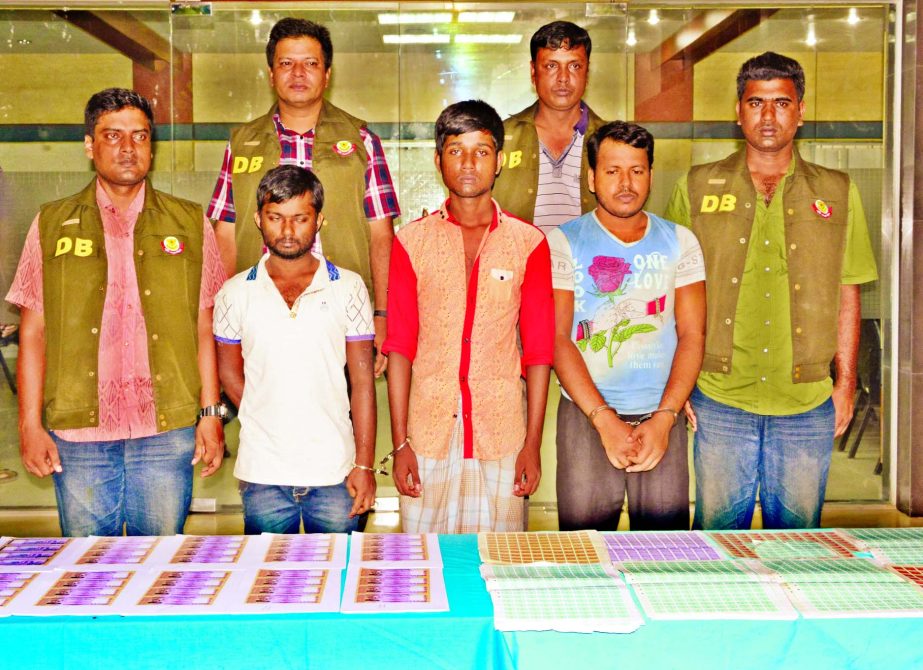 DB police arrested three criminals from city's Tejgaon Industrial Area on Saturday with fake currency and stamps worth Taka 18,24,000 from their possession.