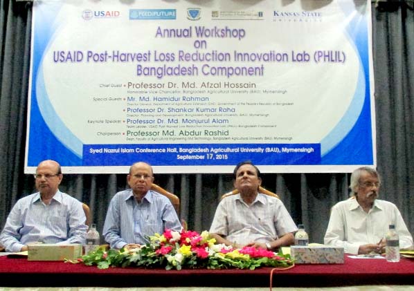 Speakers at the annual workshop on USAID post-harvest loss reduction innovation lab (PHLIL)-Bangladesh component in Syed Nazrul Islam Conference Hall on Bangladesh Agricultural University recently.