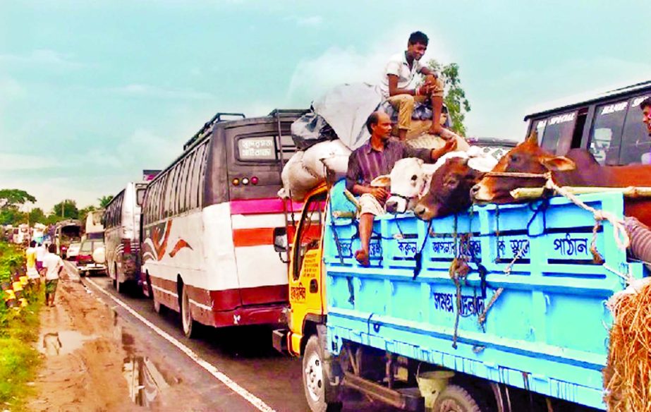 Thousands of home-bound people face immeasurable sufferings as 30km long tailback created on Dhaka-Tangail Highway on Sunday.