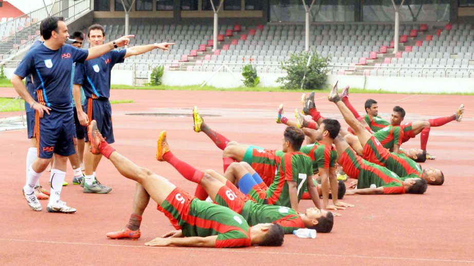 Members of Bangladesh National Football team during their practice session at the Bangabandhu National Stadium on Tuesday.