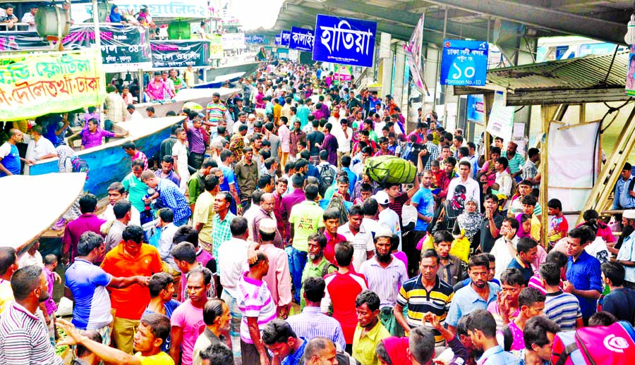 The entire Sadarghat launch terminal and its surrounding areas were packed to the brink with Eid-goers of southern districts looking to secure a seat in launches bound for their homes on Tuesday.