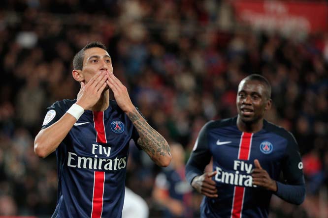 PSG's Angel Di Maria (left) celebrates after scoring, during the French League One soccer match between Paris Saint Germain and Guingamp at the Parc des Princes Stadium in Paris, France on Tuesday.