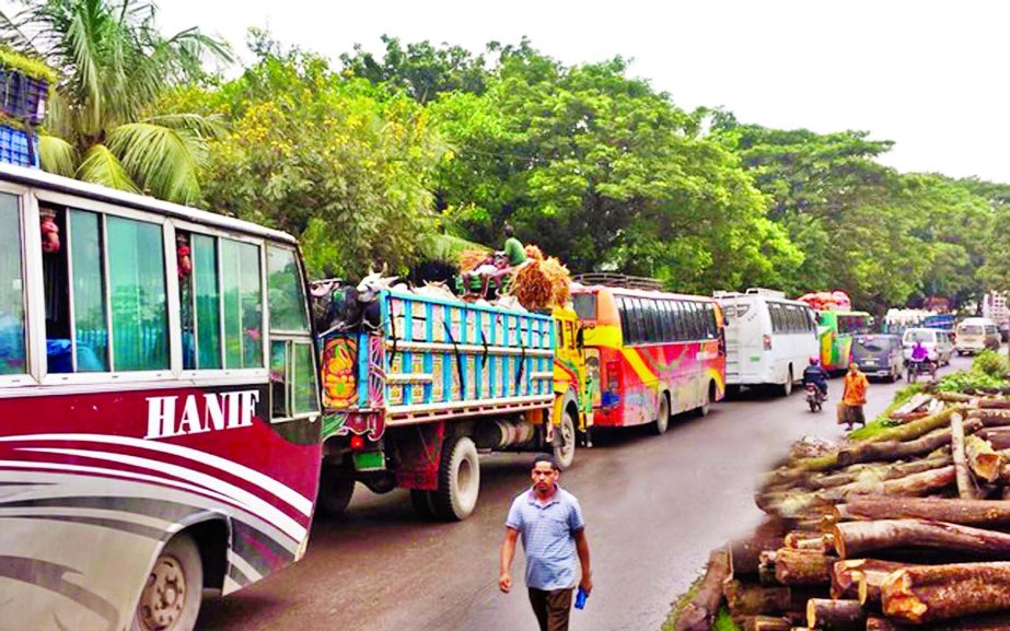 Hundreds of buses carrying home-goers being stuckup due to long tailback on Dhaka-Mymensingh Highway on Wednesday.