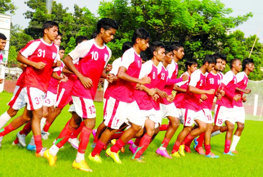 Players of Bangladesh U-19 National Football team took part a practice session at the Sheikh Jamal Dhanmondi Club Ground on Sunday.