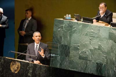 President Barack Obama addresses the 2015 Sustainable Development Summit on Sunday at United Nations headquarters.