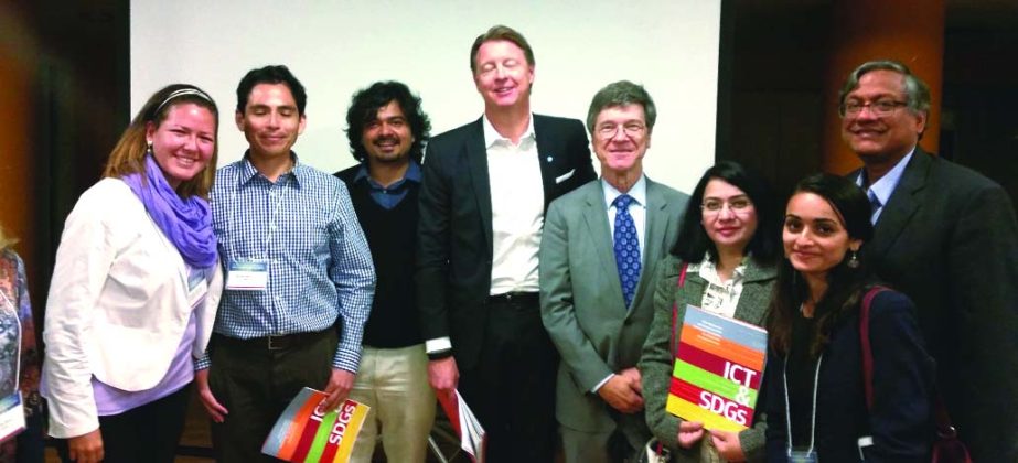 Dr Fahmida Khatun, Research Director, Centre for Policy Dialogue (CPD) and co-author of the report on 'ICT and SDGs' join the launching ceremony with Professor Jeffery Sachs, Director of the Earth Institute, Columbia University, Hans Vestberg, President