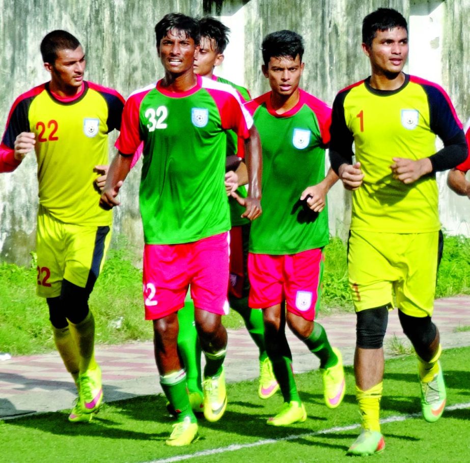 Players of Bangladesh U-19 National Football team during a practice session at BFF Artificial Turf on Monday.