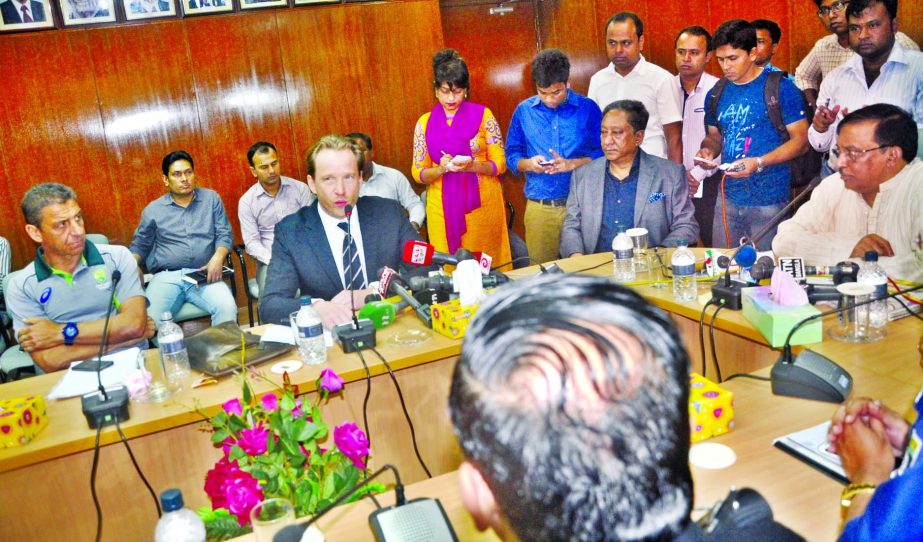 BCB President Nazmul Hassan Papon and Australian High Commissioner Greg Wilcock attended a press briefing arranged by Home Minister Asaduzzaman Khan Kamal at the Secretariat after meeting with visiting CA security delegates on Monday about security prepa