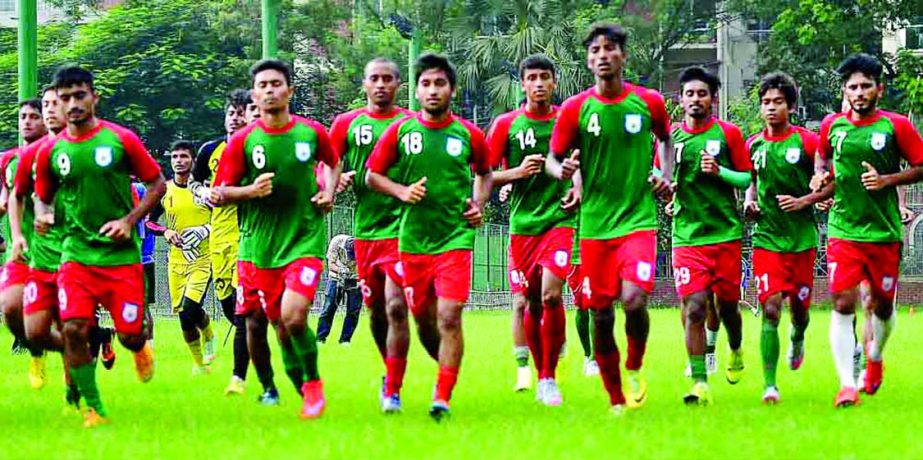Bangladesh Under-19 Football team during their practice session at the Sheikh Jamal Dhanmondi Club Limited Ground on Tuesday.